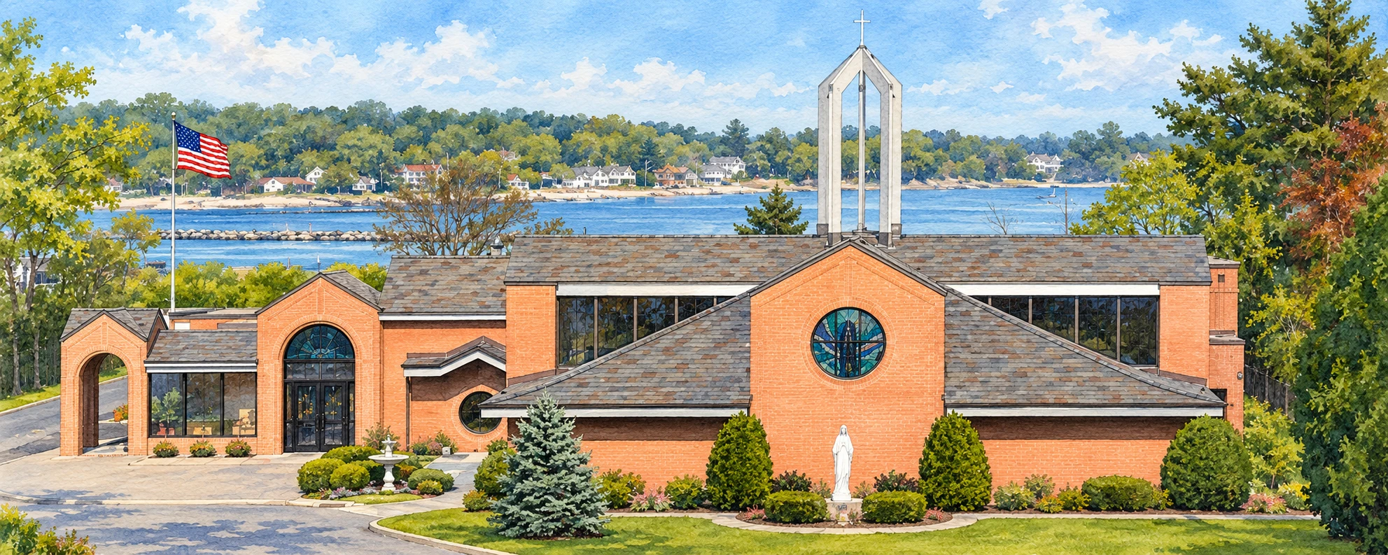 Watercolour of Our Lady Star of the Sea's red-brick church and open white bell tower beside Long Island Sound