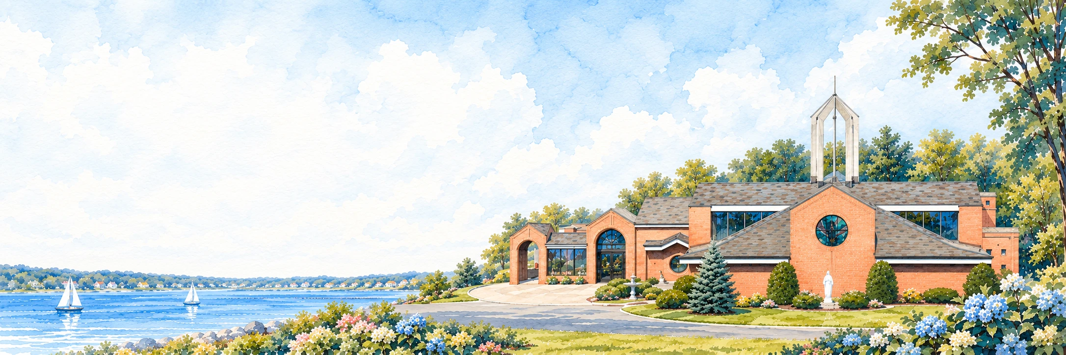 Watercolour of Our Lady Star of the Sea's red-brick church and open white bell tower beside Long Island Sound