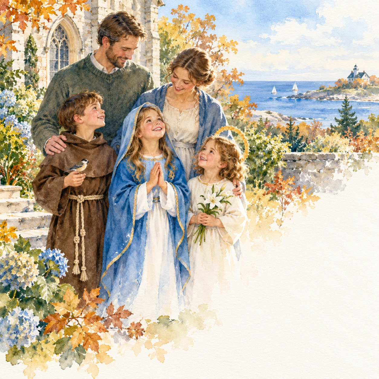 Watercolor of a family with children dressed as saints beside a coastal church.